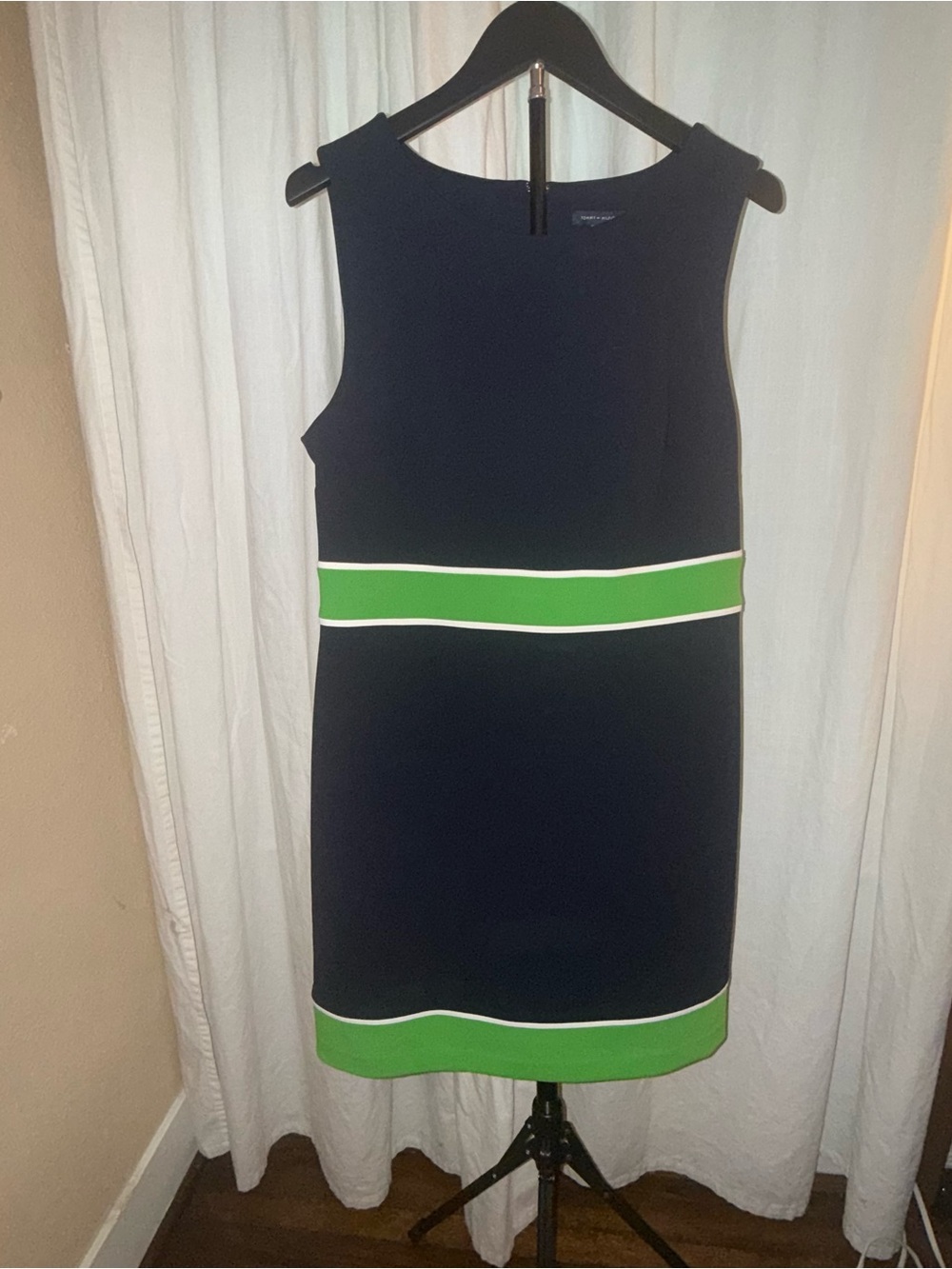 Tommy Hilfiger Navy Sleeveless Midi Dress with Green Trim